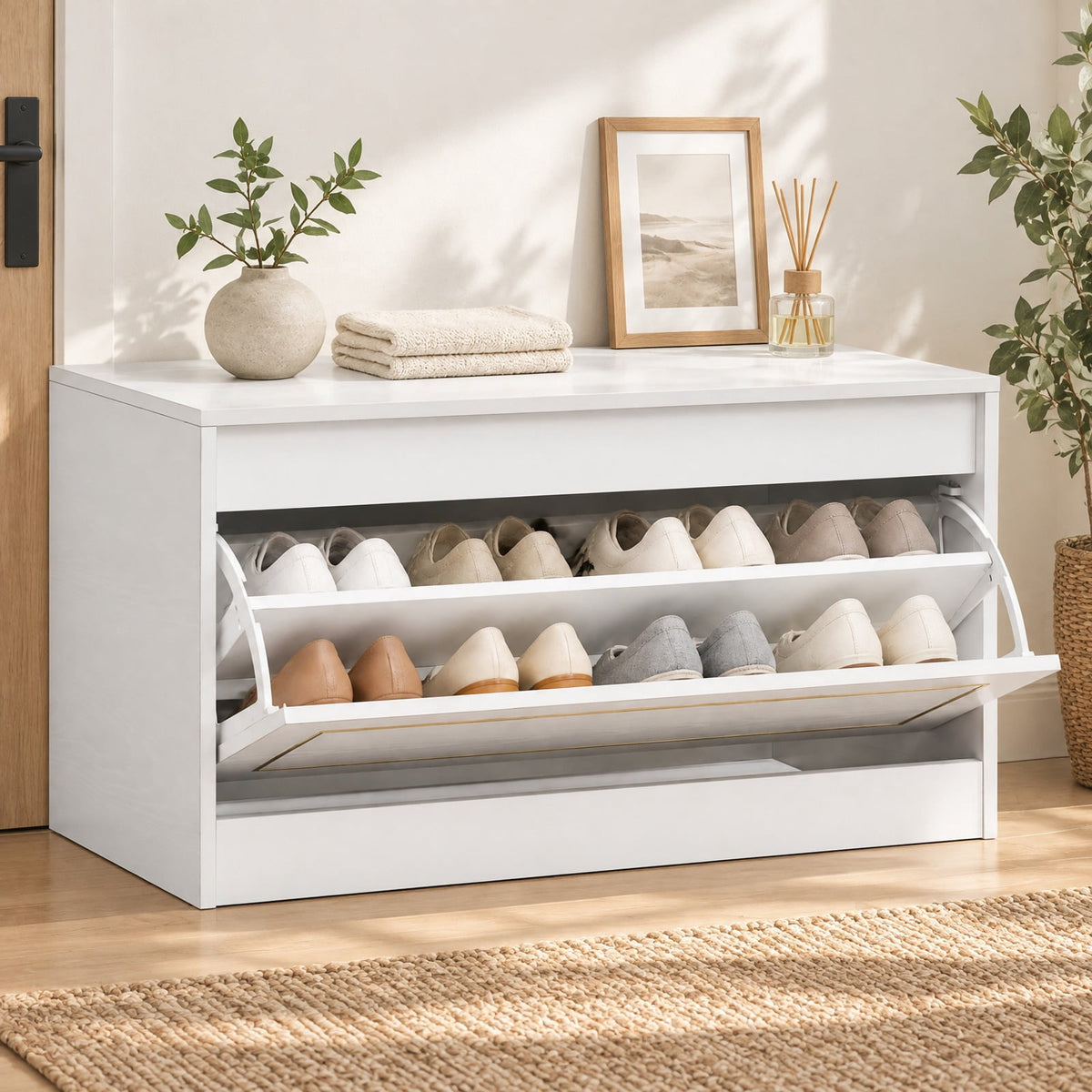 Airfind Narrow Shoe Cabinet with 1 Flip Drawer and Adjustable Shelf for Hallway, 132 lbs Capacity, PB Engineered Wood Frame, White