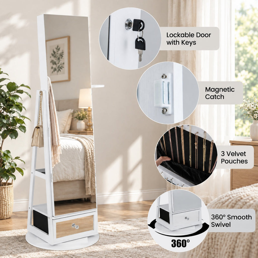 Airfind Lockable 360° Swivel Jewelry Cabinet with Full-Length Mirror LED Lights, MDF Glass Acrylic Frame, 22 Inch x 64.5 Inch External Footprint, White
