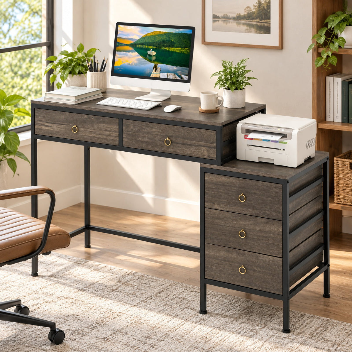 Airfind Computer Desk with 5 Drawers Home Office Desk with Side File Cabinet, 380 lbs Capacity, Engineered Wood Metal MDF Frame, Grey