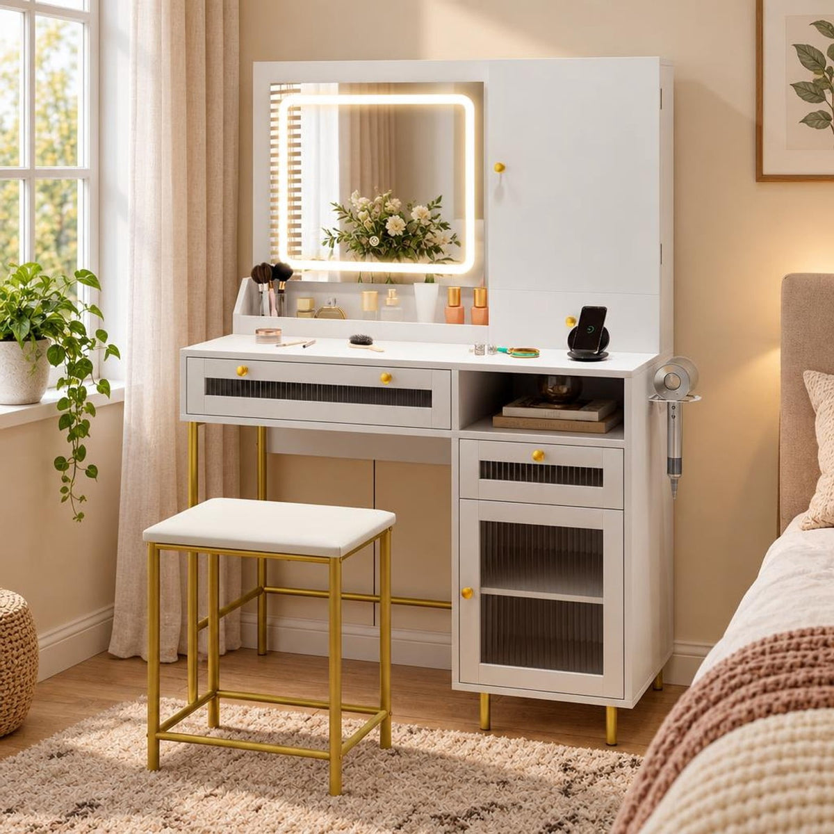 Airfind Modern Makeup Vanity Desk with Mirror and Lights and Stool Set, 110 lbs Capacity, Engineered Wood Frame, 38in x 15.5in x 53.5in Footprint