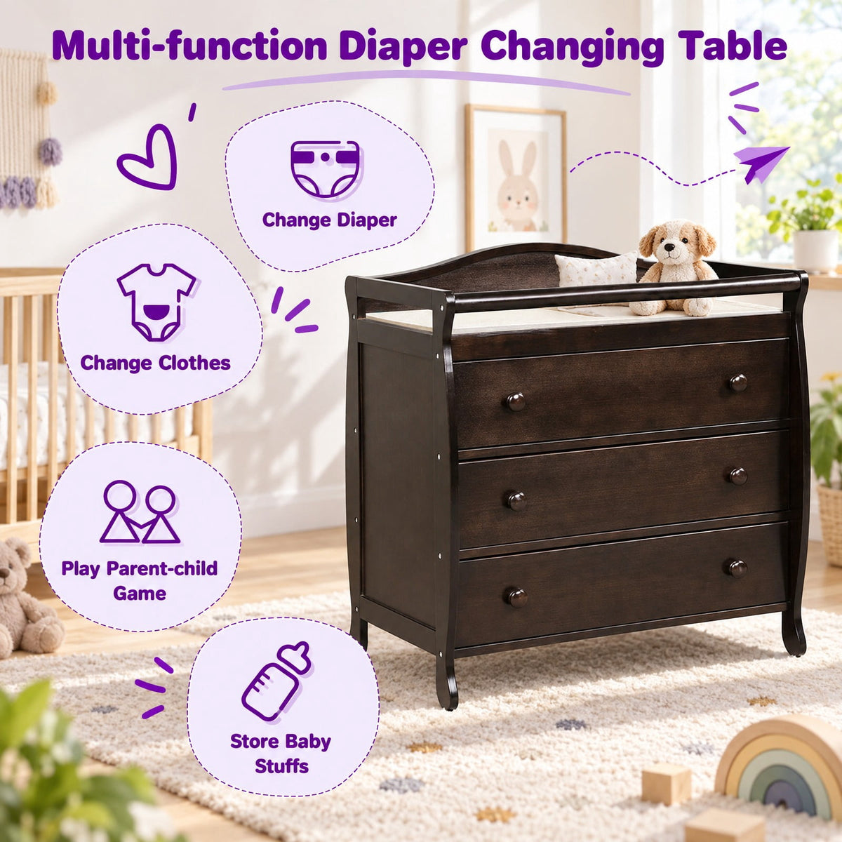 Airfind Baby Changing Table Infant Diaper with 3 Drawers and Safety Belt, Pine wood rubber wood MDF Frame, Brown