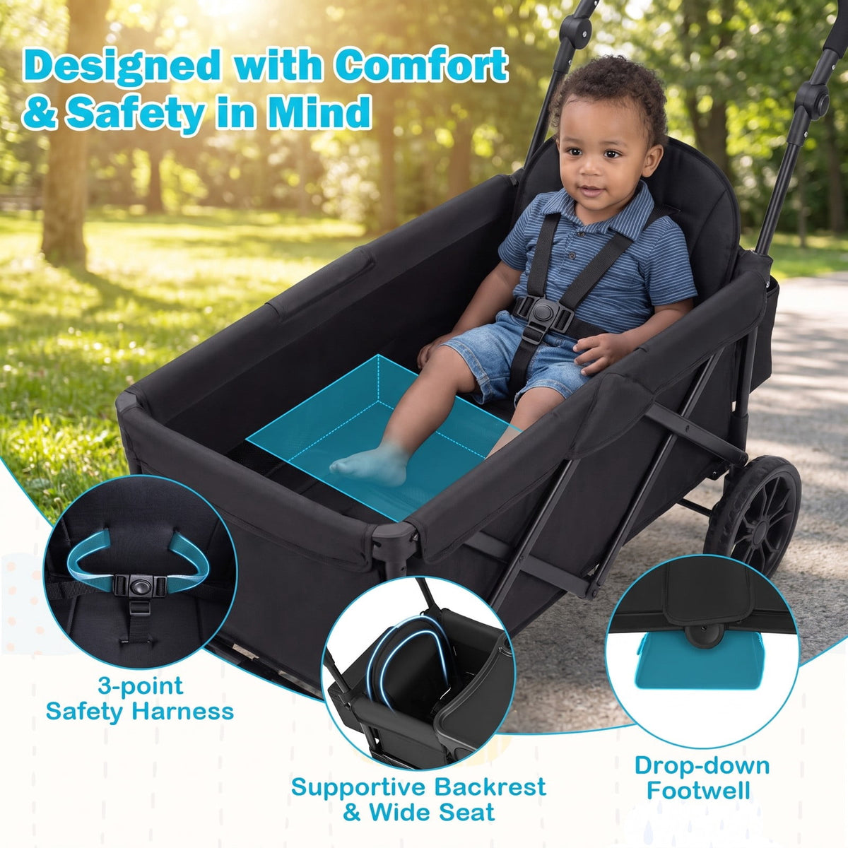 Airfind Foldable Wagon Stroller for 2 Kids Double Seater Toddler Stroller with Removable Canopy, 55 lbs Capacity, for 6-36 Months Old, Black
