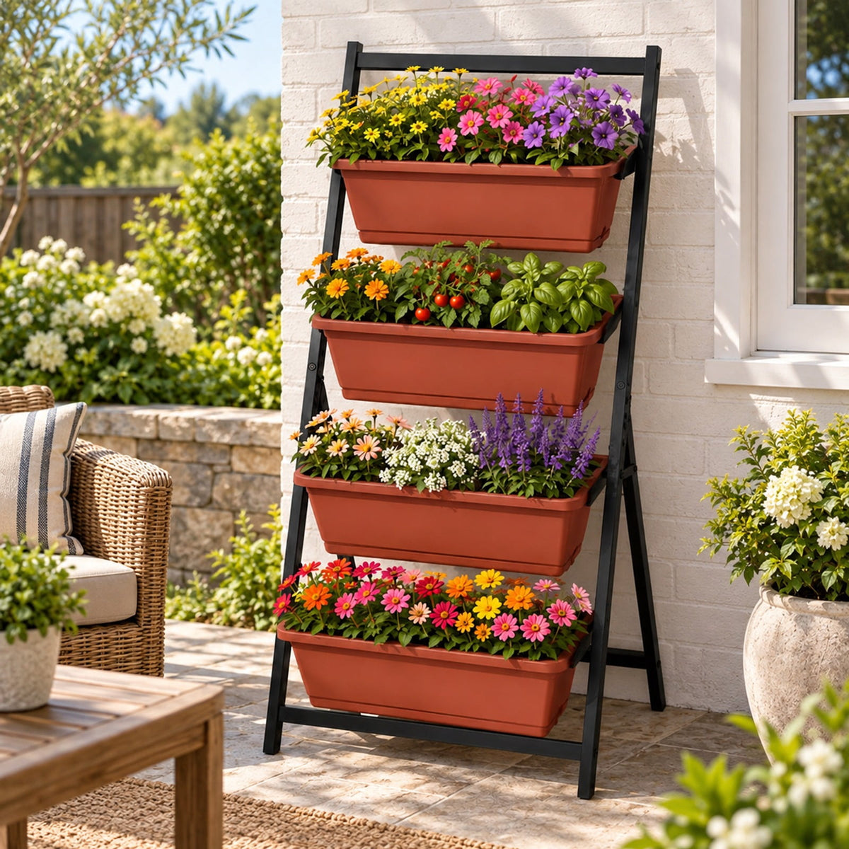 Airfind 4-Tier Vertical Raised Garden Bed with Drainage Holes and 4 Containers, Plastic Metal Frame, 26 x 20 x 49 Footprint, Red