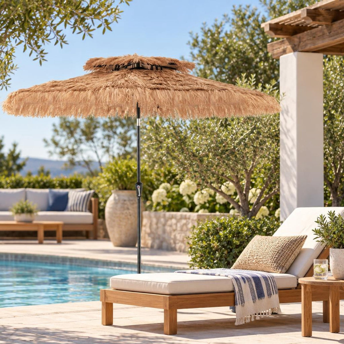 Airfind 9 Feet Thatched Tiki Umbrella with 8 Ribs, PE iron polyester fabric Frame, 9 x 9 x 8.3 (L x W x H) Tilt angle range: 0-30° Footprint