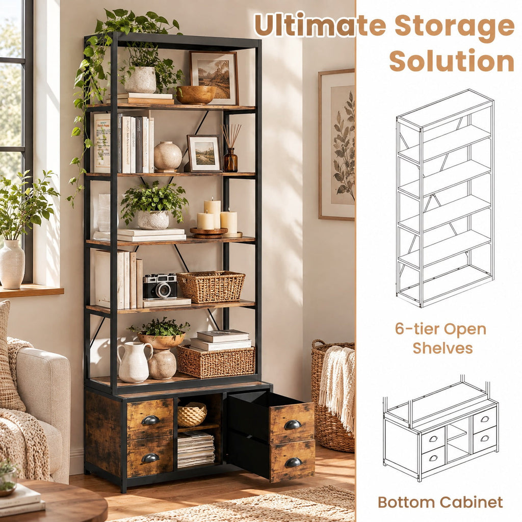 Airfind 8-tier Bookshelf with 4 Fabric Drawers and Heavy-duty Metal Frame, Coffee, Capacity of Shelf 66 lbsWeight
