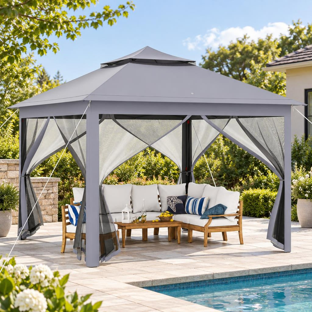 Airfind 11 x 11 Feet 2-Tier Pop-Up Gazebo Tent Portable Canopy Shelter Carry Bag Mesh, Polyester fabric steel pipe Frame, Gray