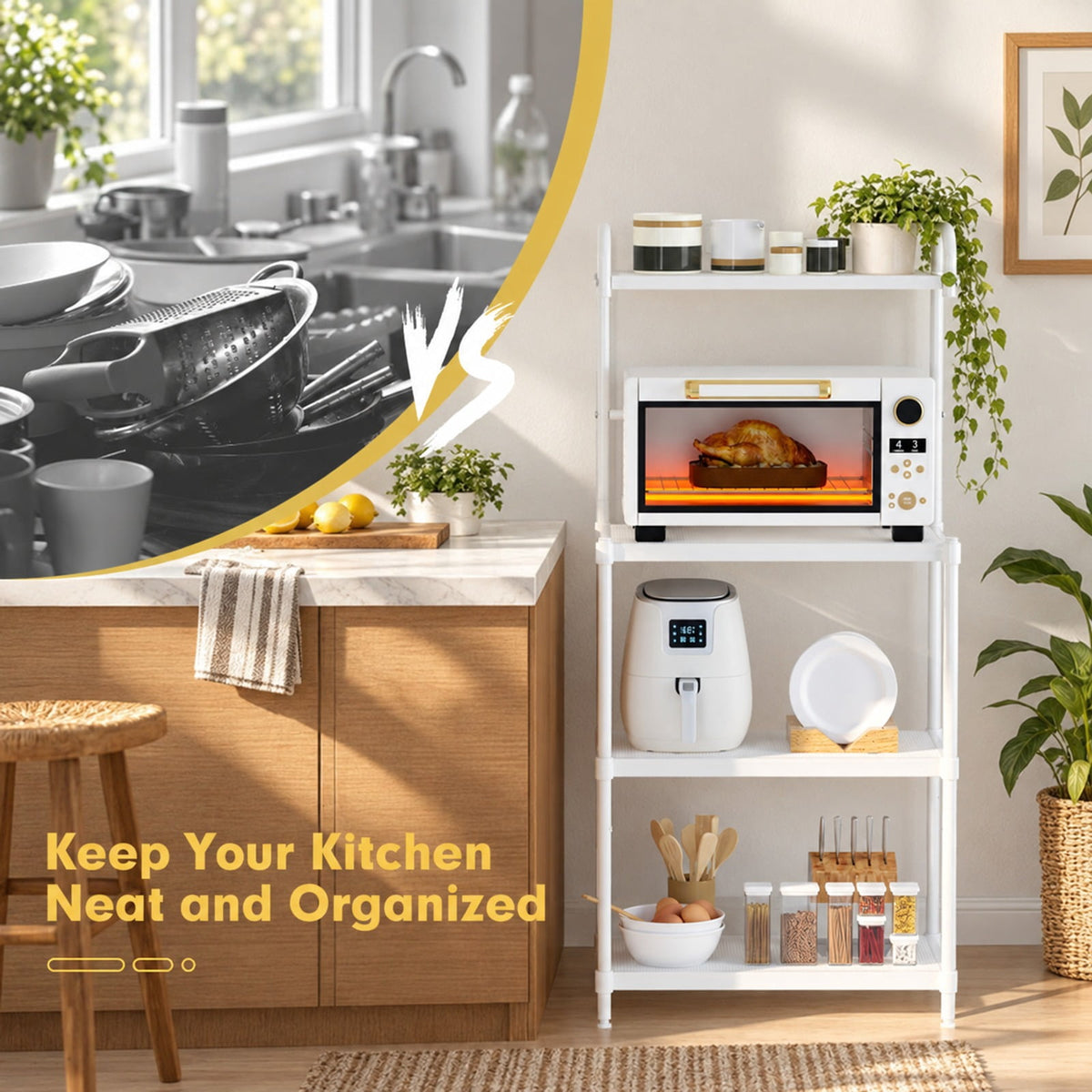 Airfind 4-Tier Kitchen Storage Baker Microwave Oven Rack Shelves, 55 lbs Capacity, Iron Frame, 23.5 x 13.5 x 53.5 Footprint, White