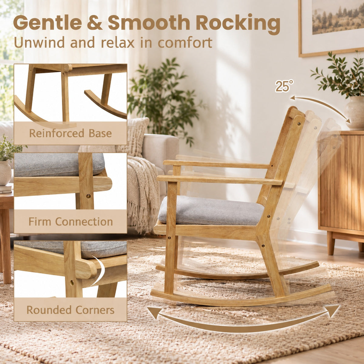Airfind Rocking Chair with Cushion Solid Rubber Wood Rocker with Padded Seat, 160 kg Capacity, Rubber Wood Fabric Sponge Frame, Natural