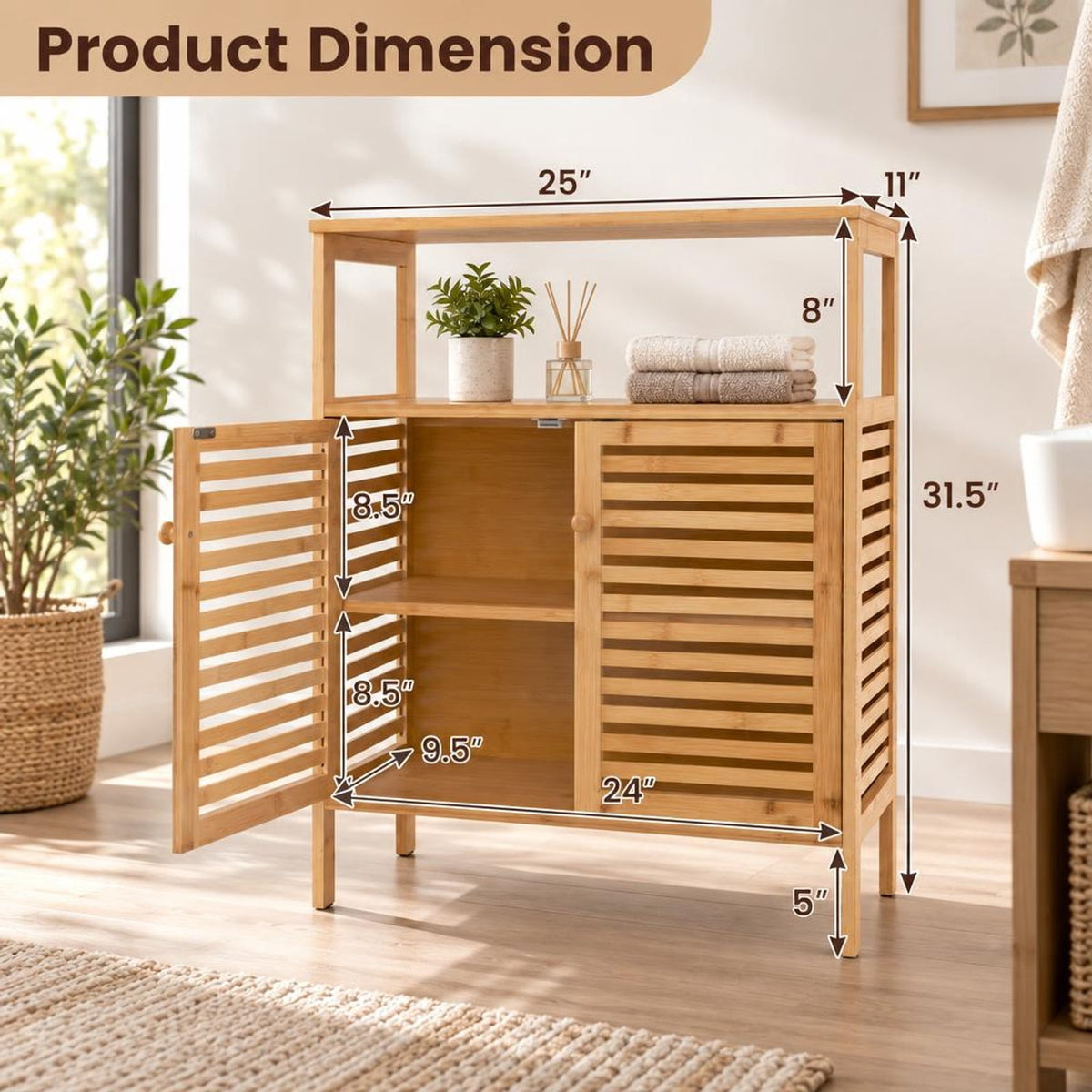 Airfind Bamboo Bathroom Floor Storage Cabinet with Shutter Doors, 145 lbs Capacity, Bamboo MDF Frame, Natural