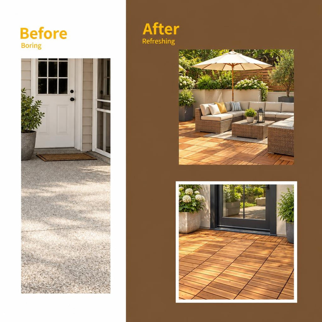 Airfind 27 Pieces Acacia Wood Interlocking Patio Deck Tile, Acacia Wood Plastic, 12 Inch X 12 Inch X 1 Inch (l X W X L) Covering Area: 27 Sq.ft, Natural