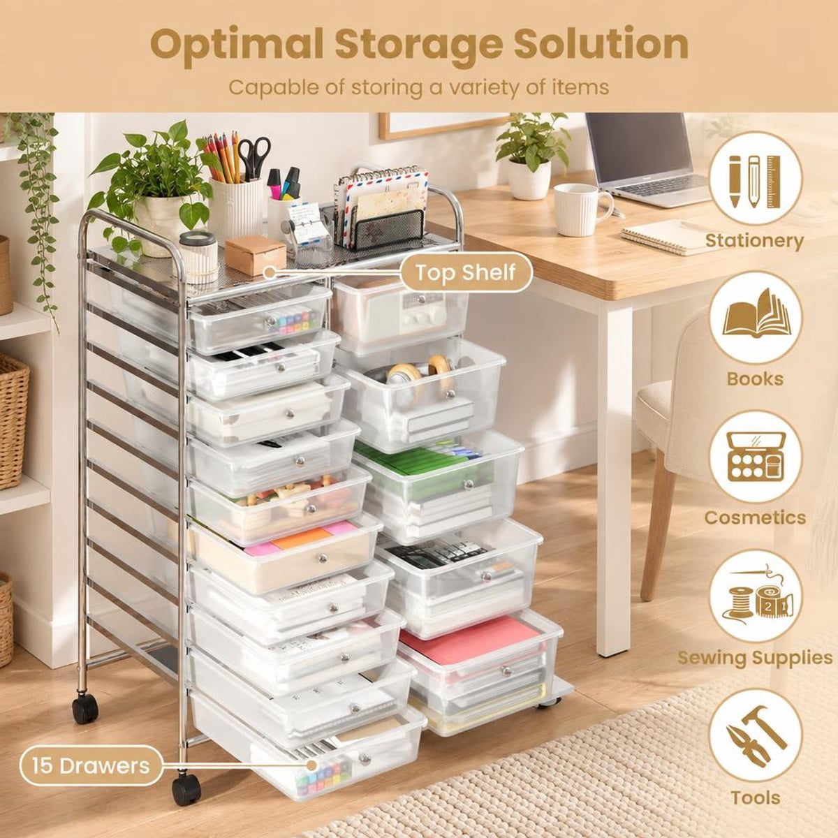Airfind Rolling Storage Cart 15-Drawer Trolley with Chrome Plated Metal Frame, 22 lbs Capacity, Metal PP Frame, 24.5 × 15 × 38 Footprint
