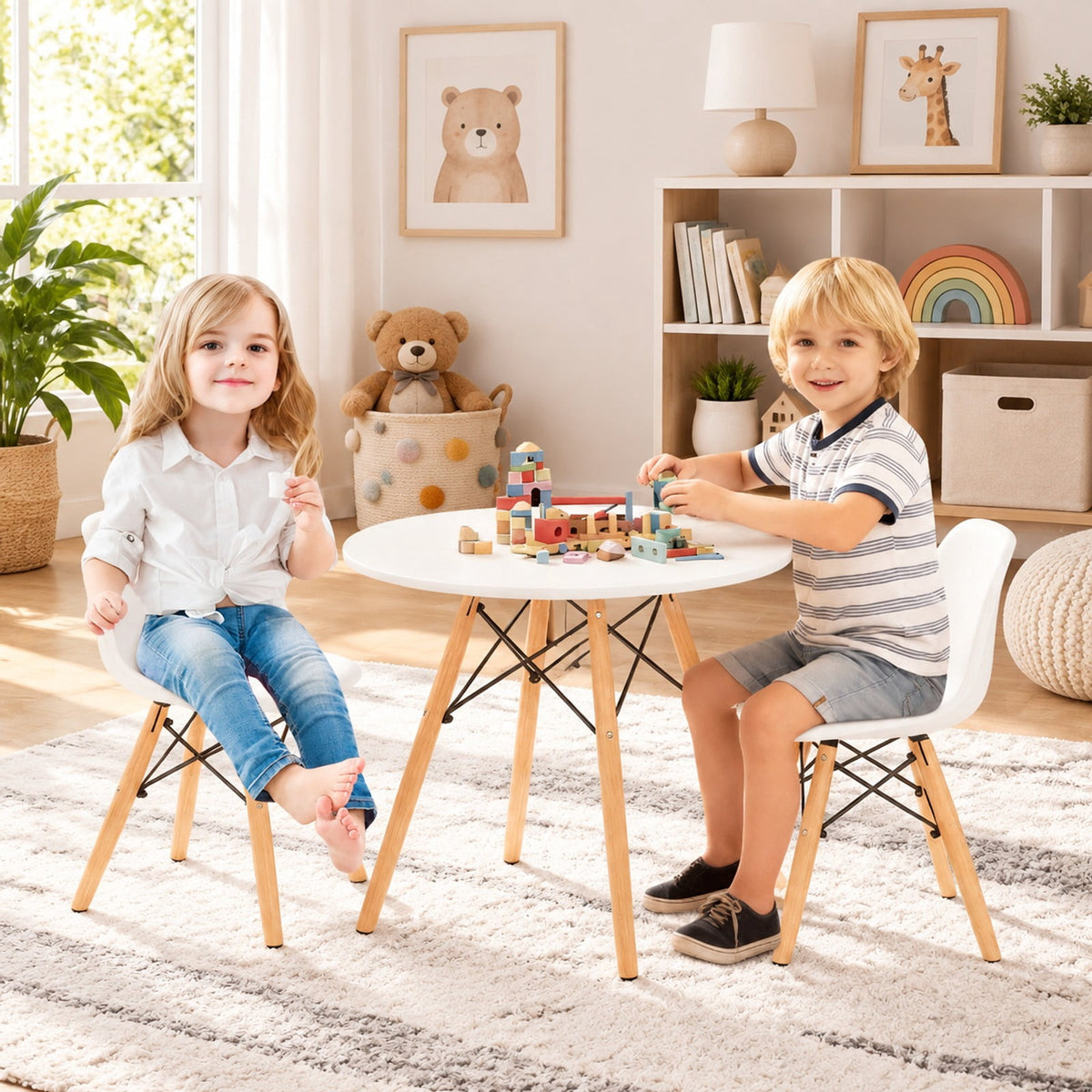 Airfind Kids Modern Dining Table Set with 2 Armless Chairs, 110 lbs Capacity, MDF PP beech wood and iron Frame, for 3-12years old, White
