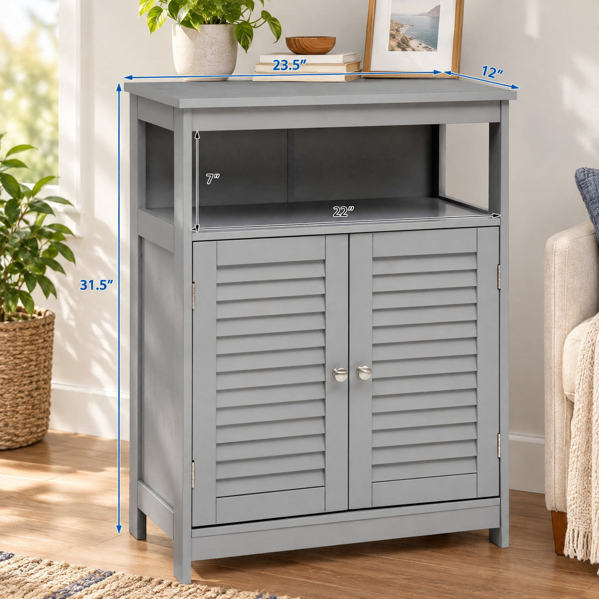 Airfind Wood Freestanding Bathroom Storage Cabinet with Double Shutter Door, 77 lbs Capacity, P2 MDF Frame, 23.5in x 12in x 31.5in Footprint, Gray