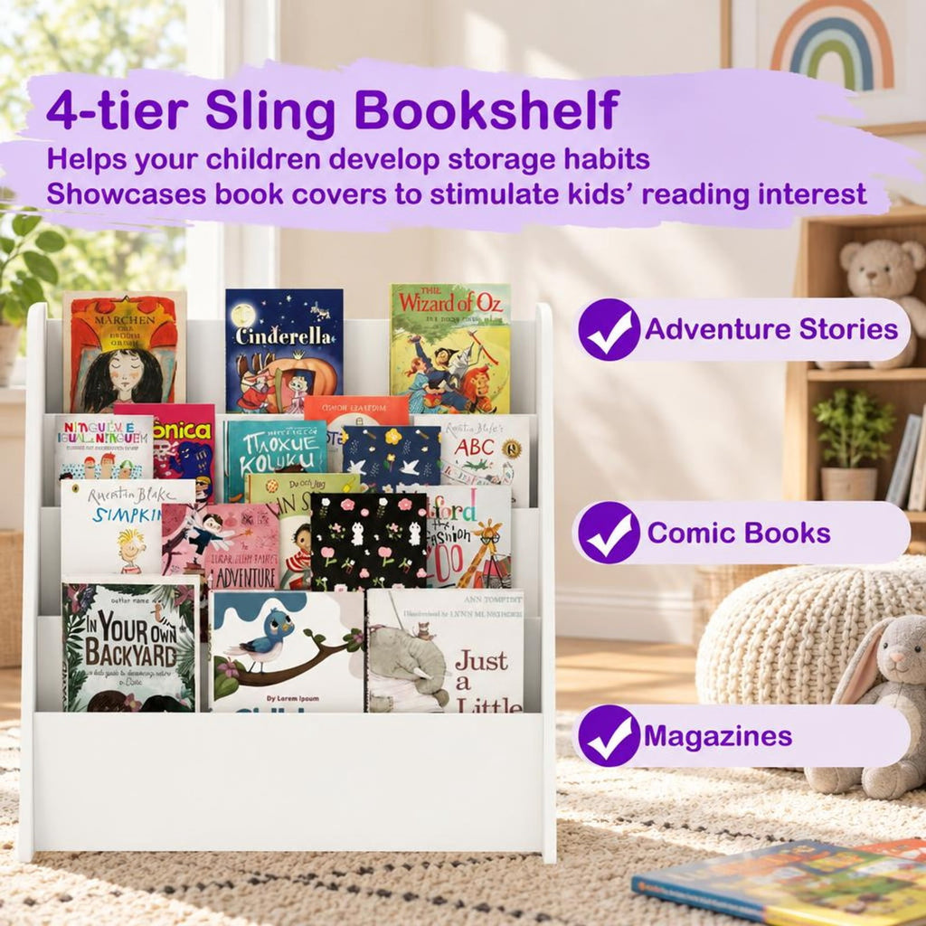 Airfind 4-Tier Kids Bookshelf with Deep Compartments for Bedroom, White, 4 open and deep compartments for book storage