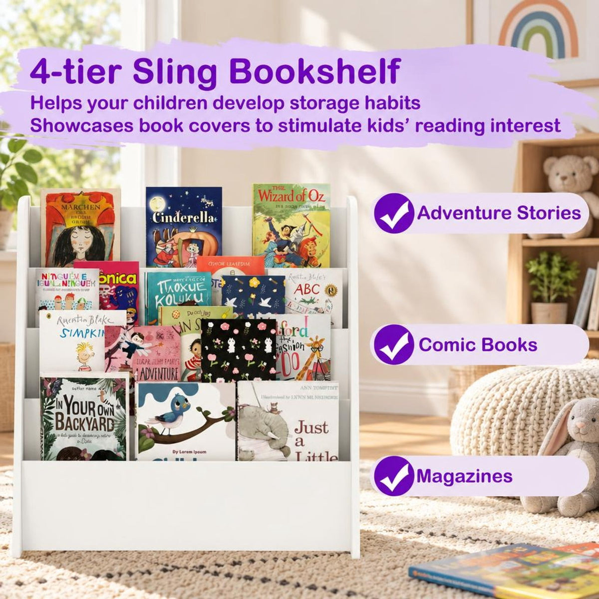 Airfind 4-Tier Kids Bookshelf with Deep Compartments for Bedroom, White, 4 open and deep compartments for book storage