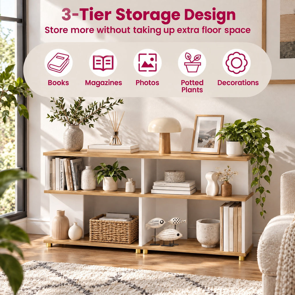 Airfind 3-Tier Modern S-shaped Bookshelf with Adjustable Feet, 135 lbs Capacity, Engineered Wood Frame, White