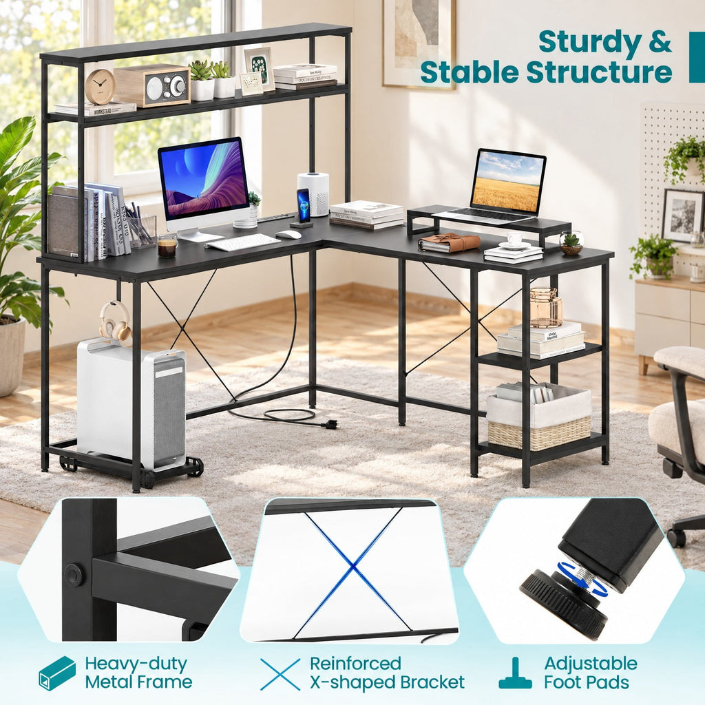 Airfind L-Shaped Reversible Gaming Desk with LED Strip and Power Outlets Hutch Monitor Stand, 310 lbs Capacity, Engineered Wood Metal Frame, Black