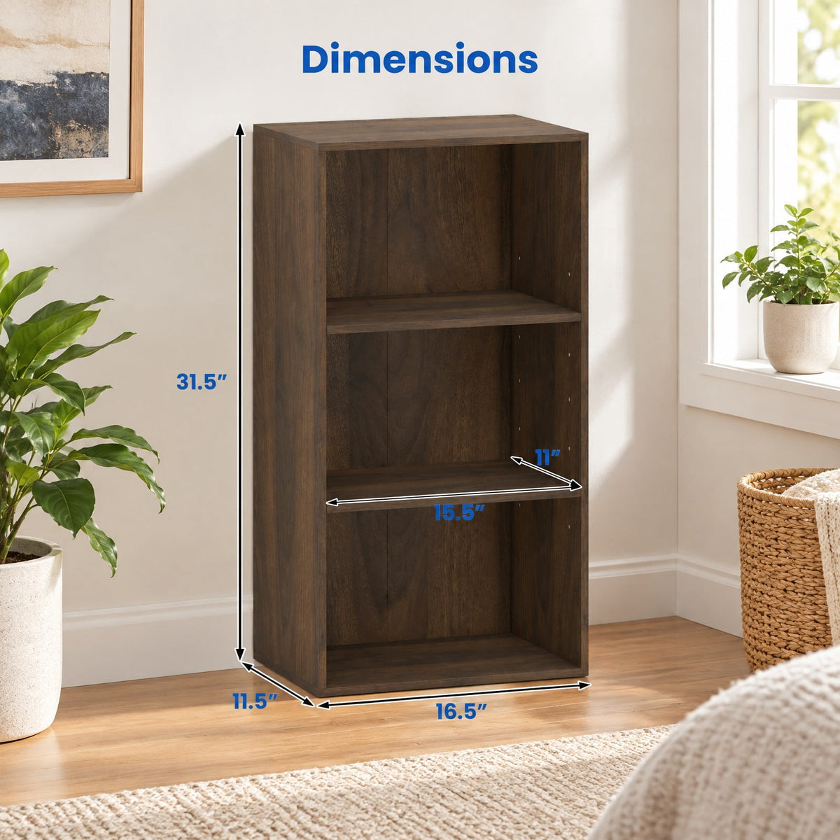 Airfind Bookcase, 3 Open Shelf, Modern Storage Display Cabinet, 55 lbs Capacity, Engineered Wood MDF Frame, 16.5 Inch x 11.5 Inch x 31.5 Inch Footprint, Walnut
