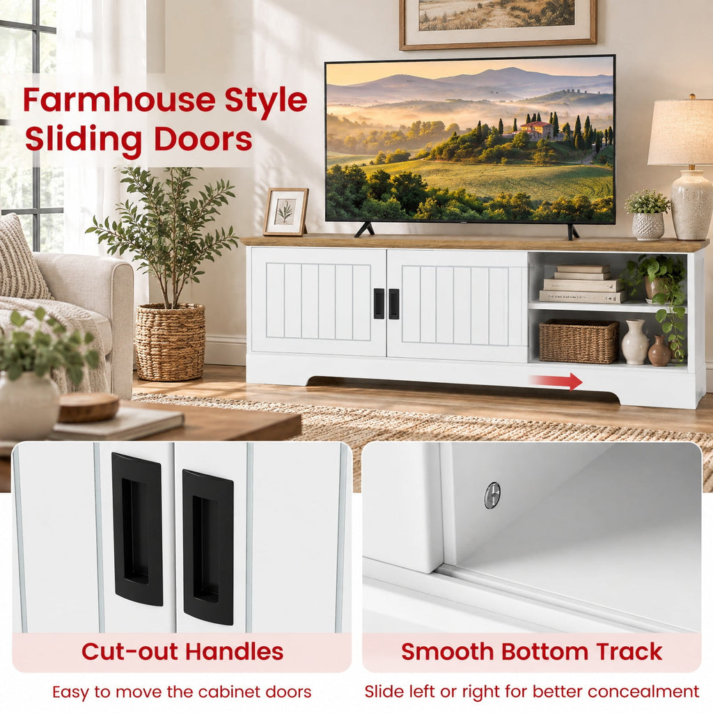 Airfind Farmhouse TV Stand for TVs up to 65 Inch with Sliding Doors and Storage Cabinets, 88 lbs Capacity, Engineered Wood MDF Frame, White