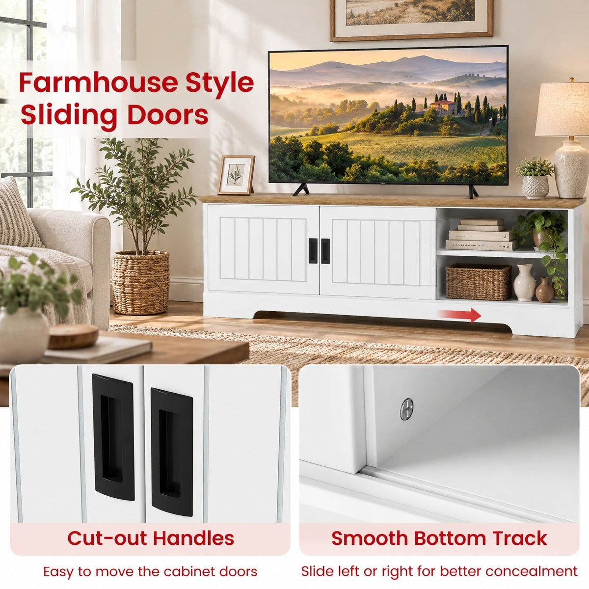 Airfind Farmhouse TV Stand for TVs up to 65 Inch with Sliding Doors and Storage Cabinets, 88 lbs Capacity, Engineered Wood MDF Frame, White
