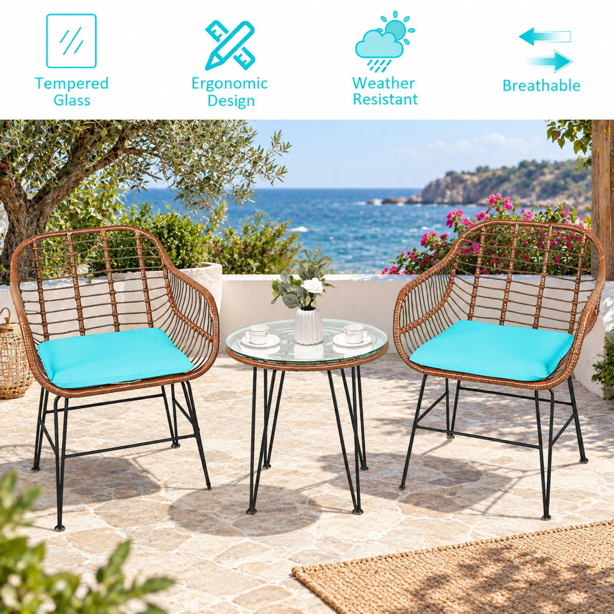 Airfind 3 Pieces Patio Rattan Bistro Set with Cushion, 170 lbs Capacity, Steel Rattan Sponge Polyester Frame, 22.5 Inch x 24 Inch x 31.5 Inch Footprint