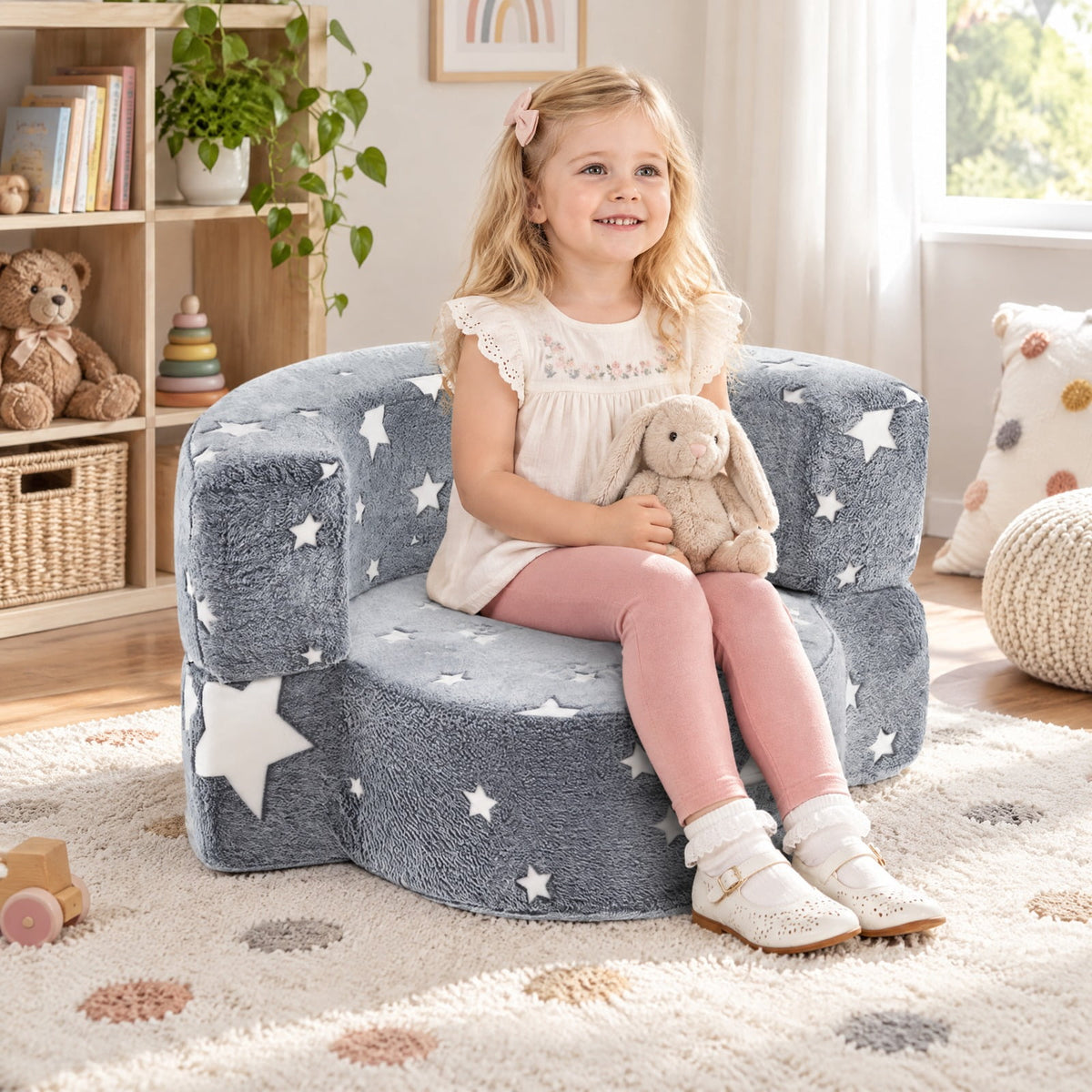 Airfind 2-in-1 Convertible Glow in the Dark Kids Sofa with Removable Washable Cover, Flannel Fabric Sponge Frame, for 3+ Years Old, Gray