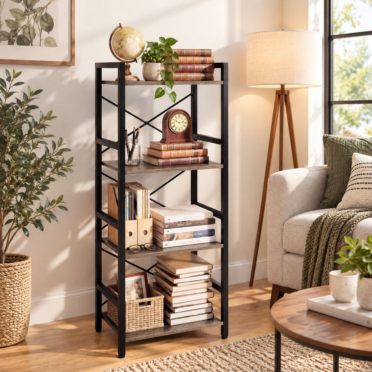 Airfind 4-Tier Bookshelf Narrow Freestanding Display Shelf with Metal Frame, 132 lbs Capacity, Engineered Wood Metal Frame, Rustic Brown + Black