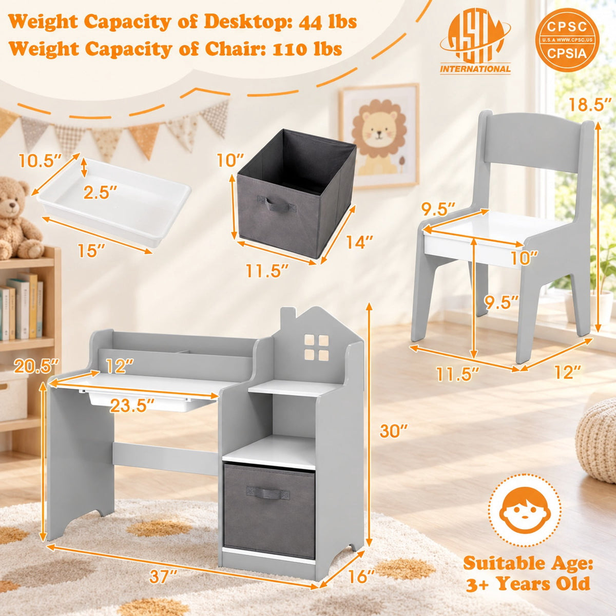 Airfind Kids Study Desk and Chair Set with Open Shelves Drawer and Fabric Storage Bin, 44 lbs Capacity, MDF Non-woven Fabric Desk Frame, Gray