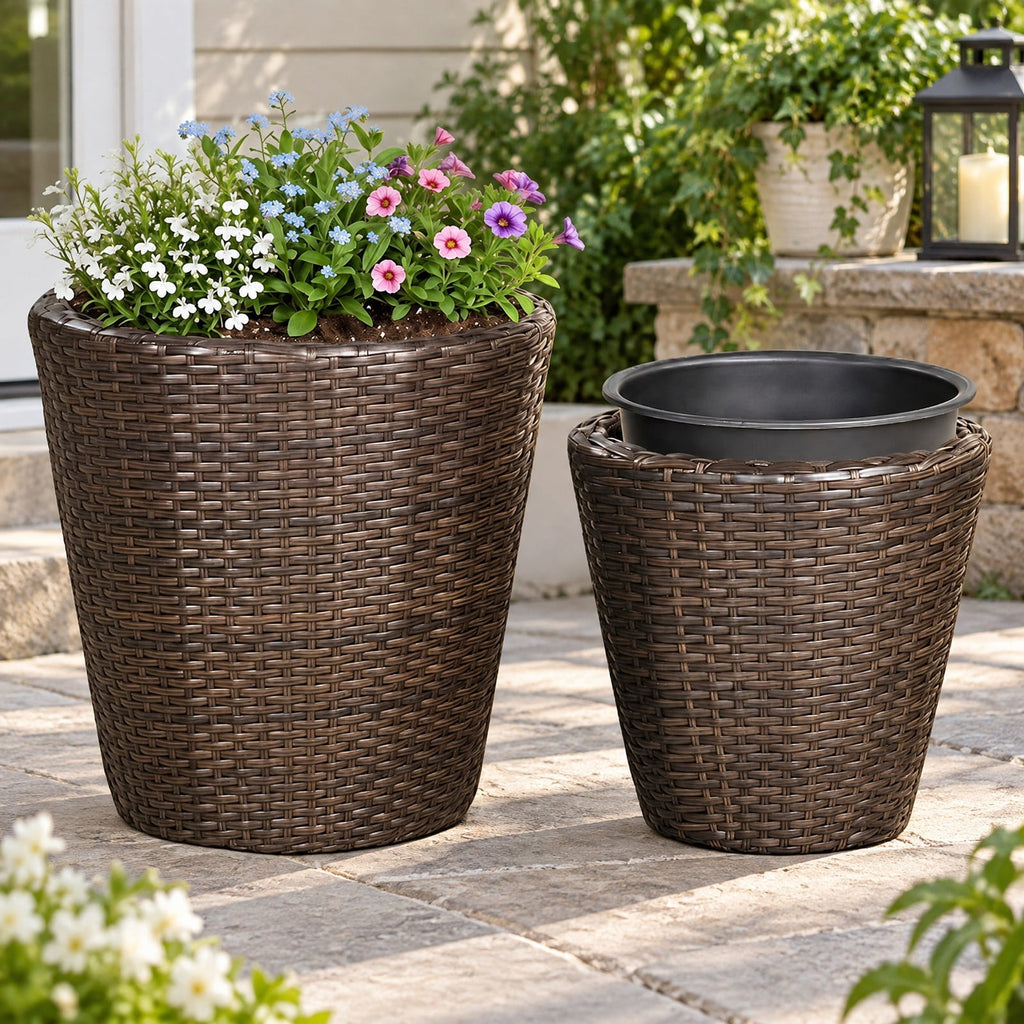 Airfind Set of 2 Plastic Taper Rattan Planters with Drainage Holes and Saucers, PP Frame, 15 x 15 x 15 Footprint, Brown