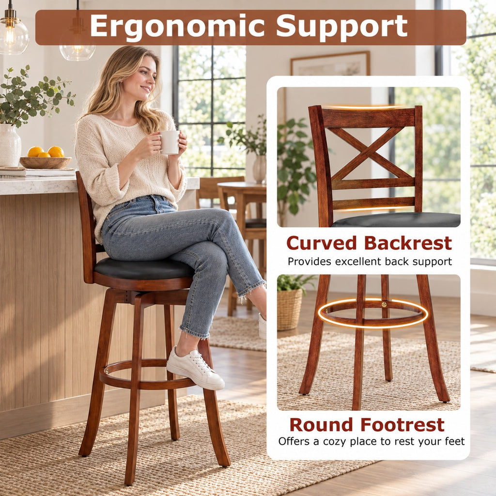 Airfind Swivel Barstools Set of 2 with Backrest and Footrest-29 Inches, 350 lbs Capacity, Rubberwood PU MDF Sponge Frame, Antique Walnut + Black