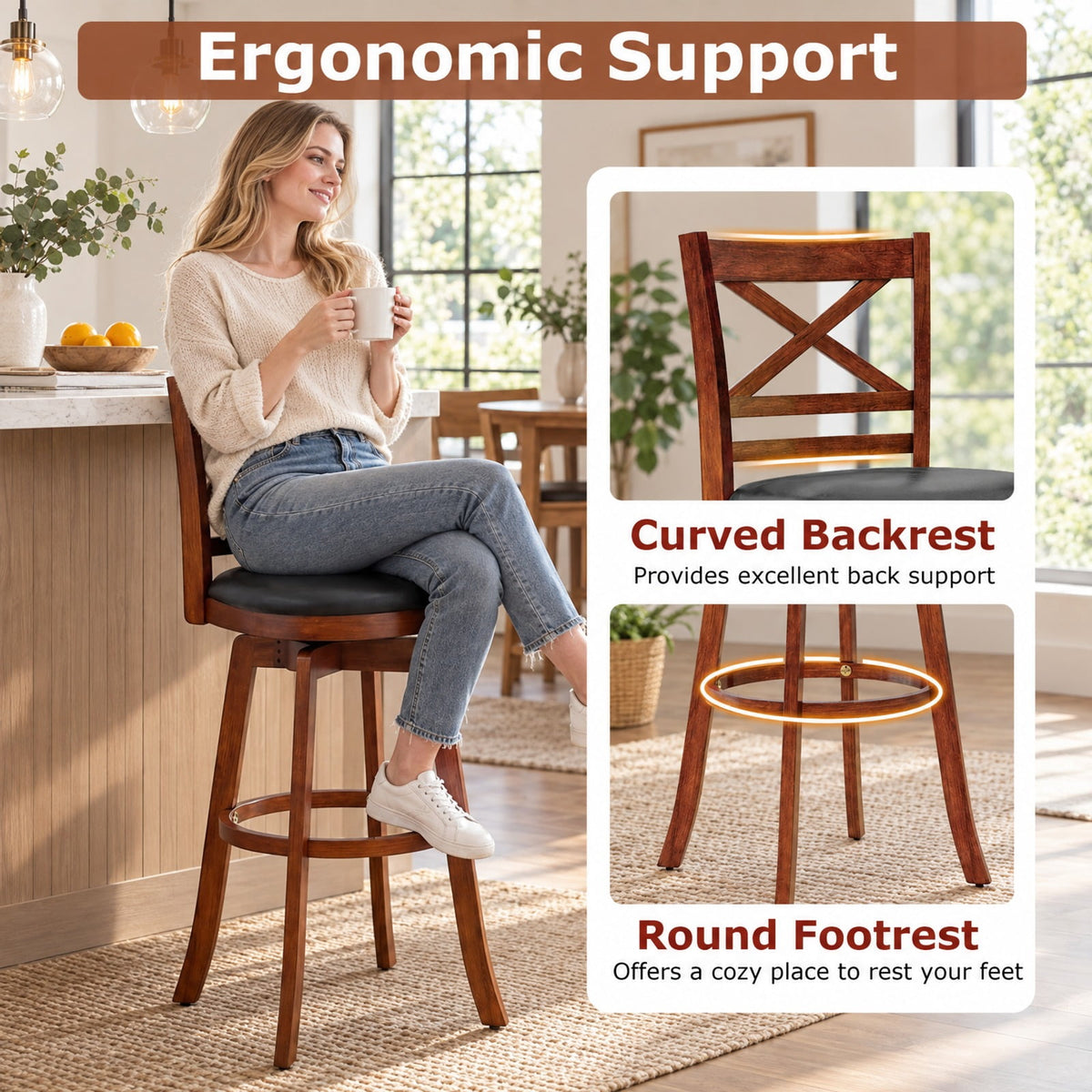 Airfind Swivel Barstools Set of 2 with Backrest and Footrest-29 Inches, 350 lbs Capacity, Rubberwood PU MDF Sponge Frame, Antique Walnut + Black