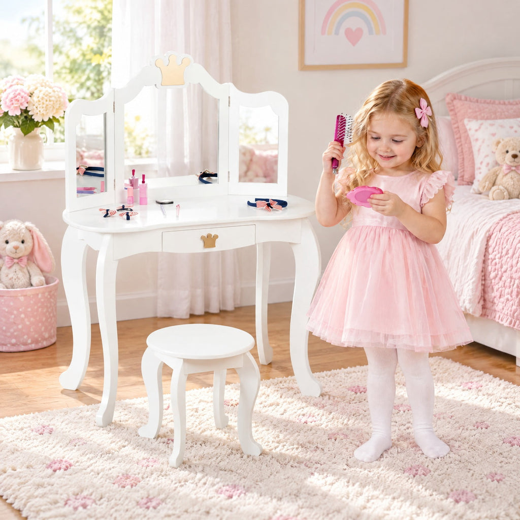 Airfind Kids Makeup Dressing Table with Tri-folding Mirror and Stool, 33 lbs Capacity, MDF pine Frame, 31.5in x 16.5in x 41.5in Footprint, White