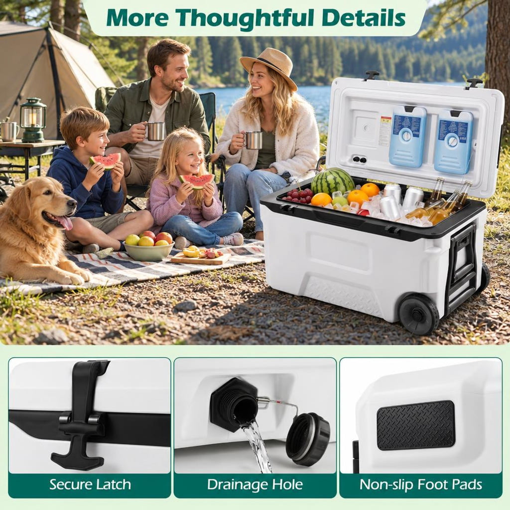 Airfind 53 Quart Portable Rolling Cooler with Fish Ruler for Outdoor, PP PU HDPE TPE Frame, 29.5 x 16 x 16 Footprint, White