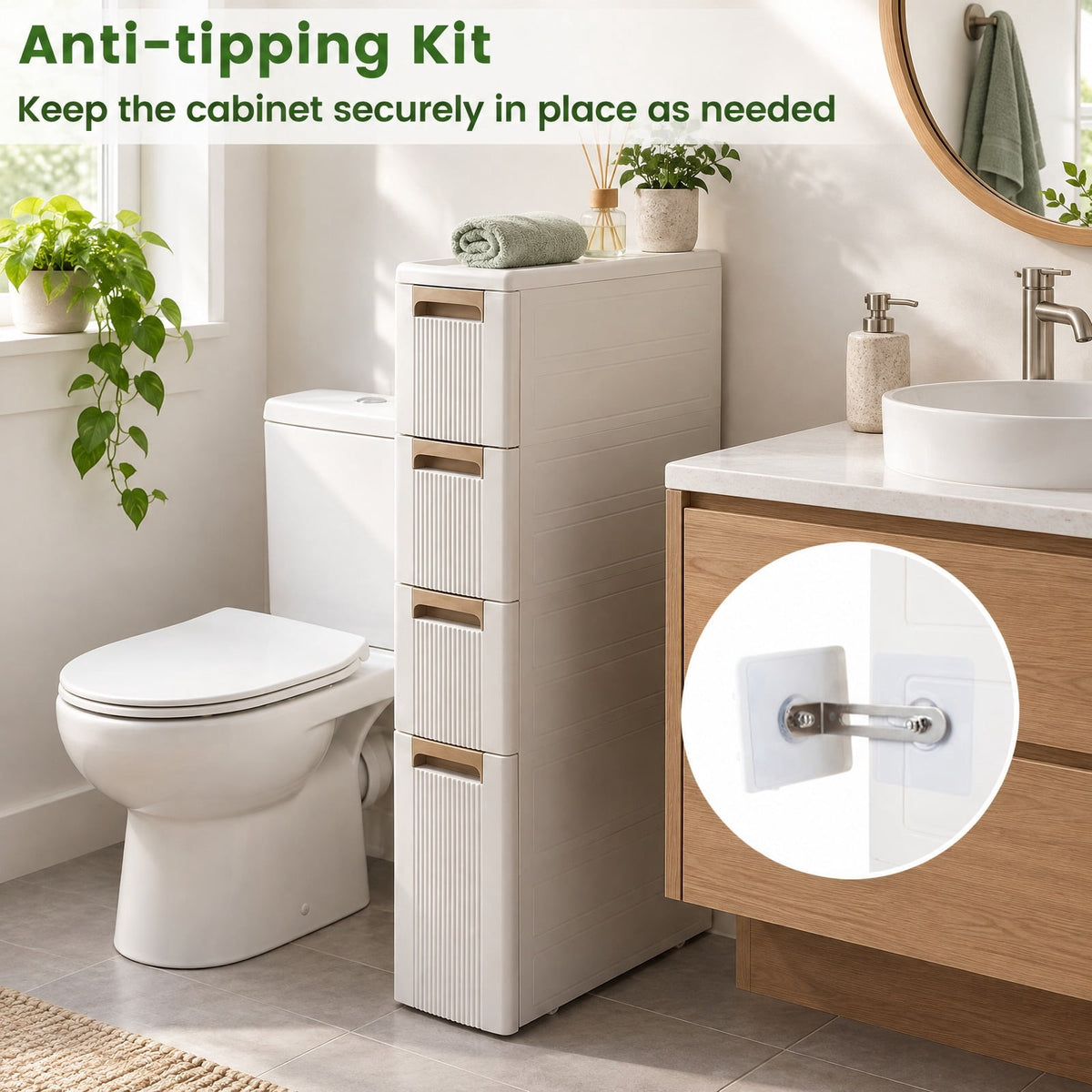 Airfind Narrow Storage Cabinet with Drawers and Removable Dividers, 11 lbs Capacity, PP Frame, 18 x 7 x 30 Footprint, Beige
