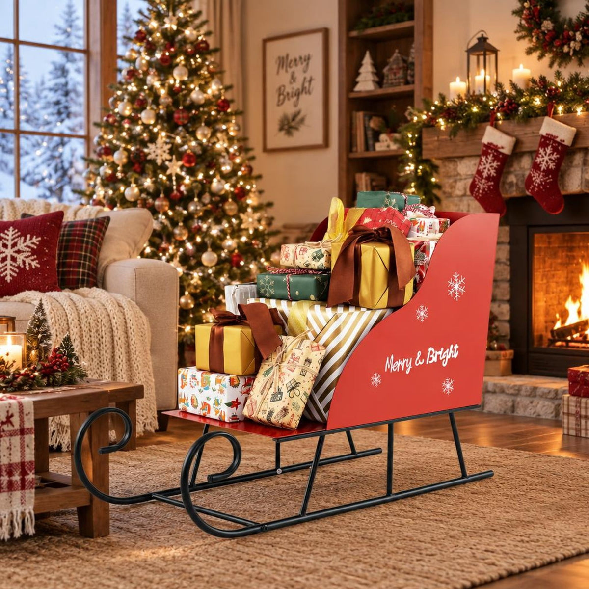 Airfind Metal Christmas Santa Sleigh Basket Xmas Santas Gift Storage Sleigh, 33 lbs Capacity, Metal Frame, 29in x 12.5in x 20in Footprint, Red and Black