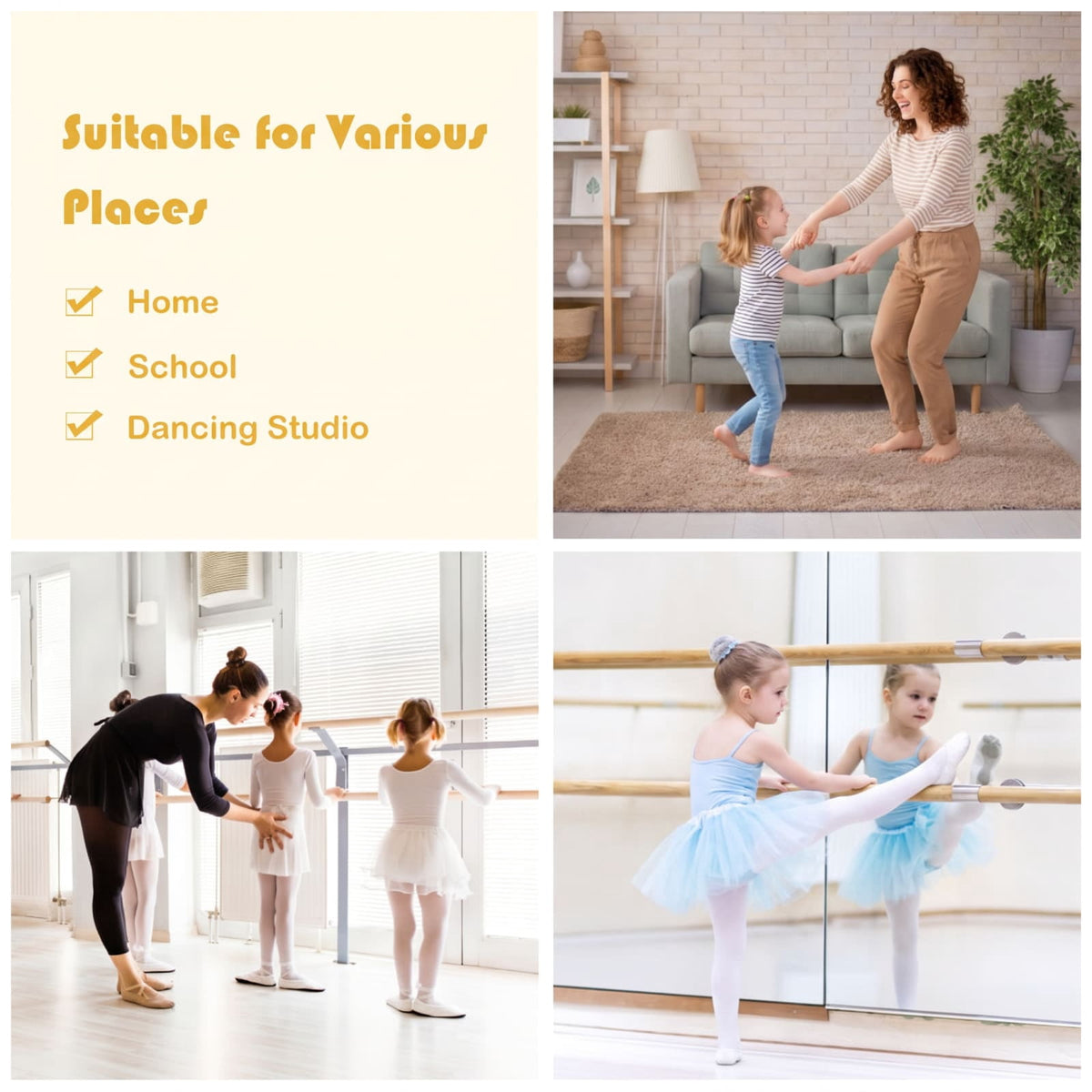 Airfind 4 Feet Double Ballet Barre with Adjustable Height and Anti Skid Pads for Home Dance Studio Stretching and Practice, Pink