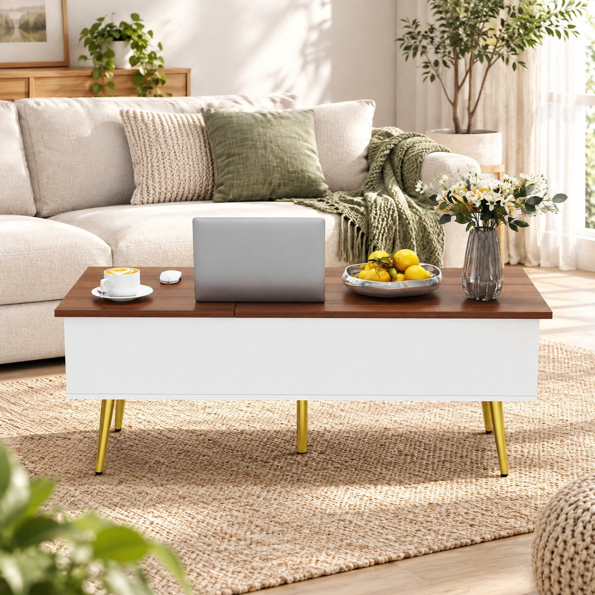 Airfind 47 Inch Lift Top Coffee Table with 2 Hidden Compartments, P2 Engineered Wood Solid Wood Steel Frame, Walnut