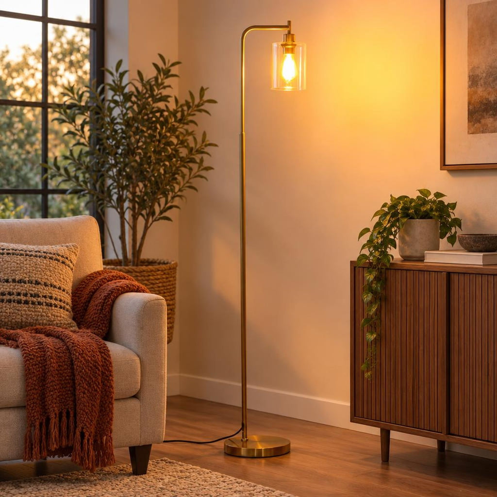 Airfind Modern Floor Lamp with Hanging Glass Lampshade and Foot Switch, 10in x 66inSize of Lampshade 5.5in x 6.5inLength of Footprint, Black