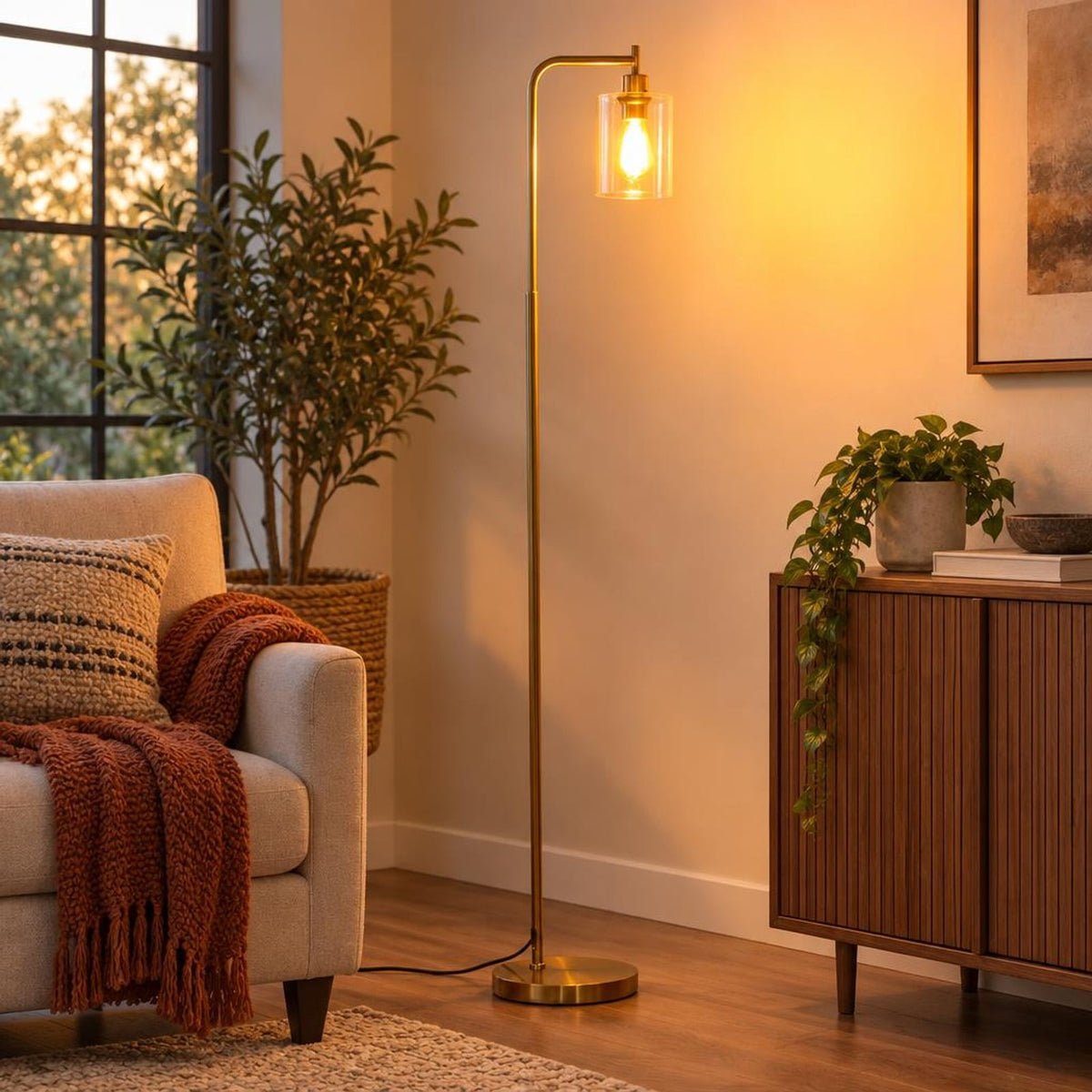 Airfind Modern Floor Lamp with Hanging Glass Lampshade and Foot Switch, 10in x 66inSize of Lampshade 5.5in x 6.5inLength of Footprint, Black