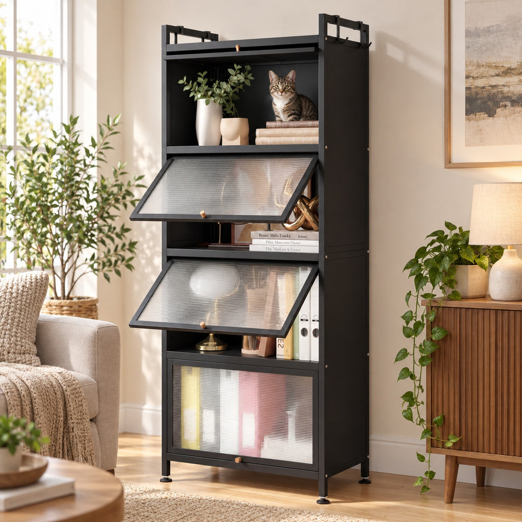 Airfind 5-Tier Kitchen Bakers Rack with Flip-up PC Doors, tier 33 lbs Capacity, Metal PC PP Gray Frame, 23.5 x 12.5 x 60.5 Footprint, Black