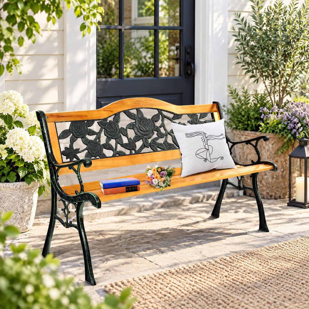 Airfind Garden Bench Chair Outdoor Wooden Loveseat with Iron Armrest, 463 lbs Capacity, Cast Iron Frame, Black + Natural