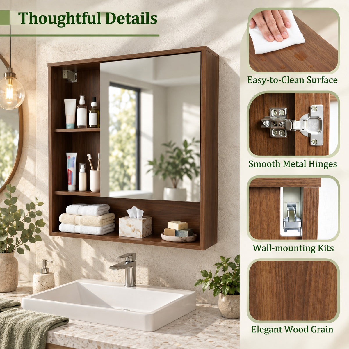 Airfind Wall-Mounted Mirror Cabinet with 2 Hidden Shelves and 3 Open Compartments, 22 lbs Capacity, Engineered Wood Frame, 22 x 6 x 24 Footprint