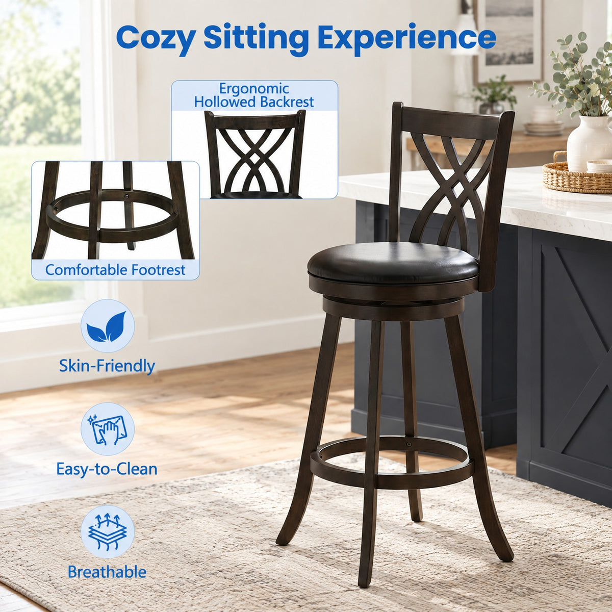 Airfind Set of 4 29 Inch Counter Height Bar Stools with Rubber Wood Frame, 330 lbs Capacity, Rubber Wood PU Sponge Metal Frame, Gray