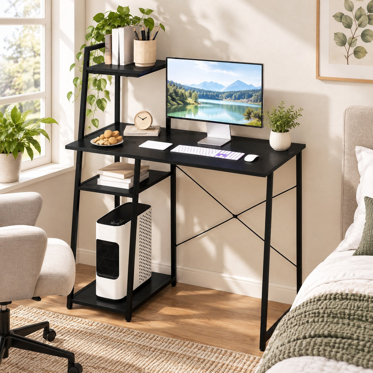 Airfind Computer Desk with Shelves and 3-Tier Storage Bookshelf, Metal Engineered Wood Frame, 39.5 x 20 x 47.5 Footprint, Black