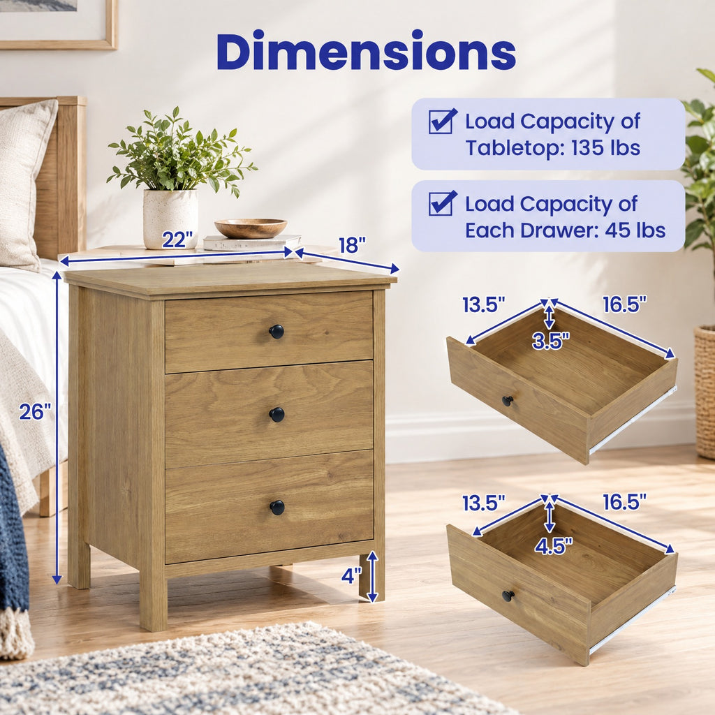 Airfind 3-Drawer Wooden Nightstand Modern Bedside Table, 135 lbs Capacity, MDF Engineered Wood Frame, 22in x 18in x 26in Bottom Clearance 4in Footprint