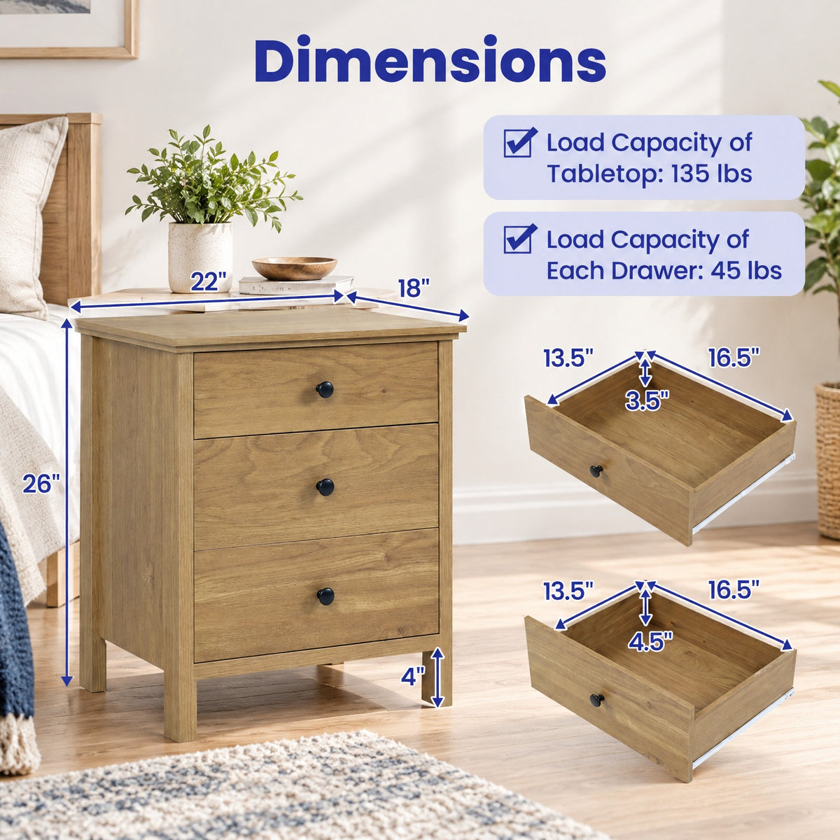 Airfind 3-Drawer Wooden Nightstand Modern Bedside Table, 135 lbs Capacity, MDF Engineered Wood Frame, 22in x 18in x 26in Bottom Clearance 4in Footprint