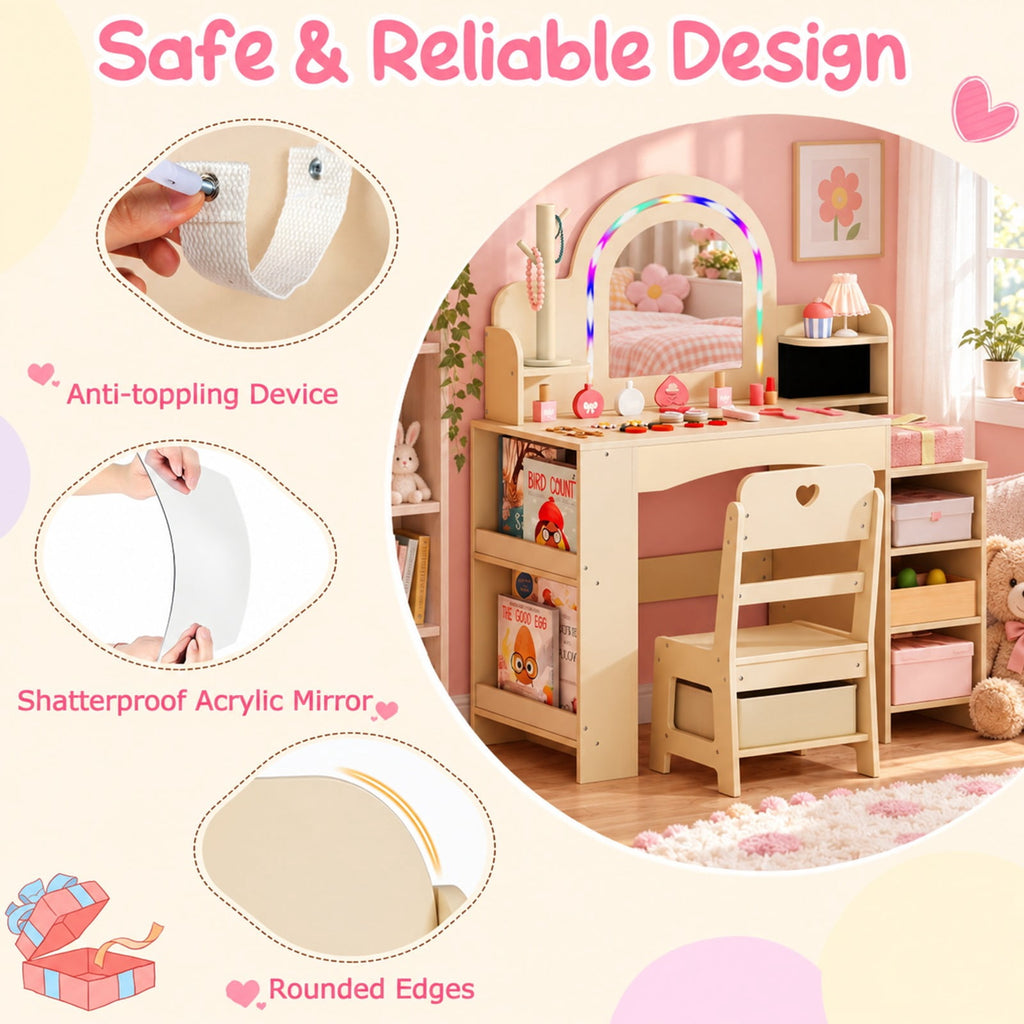 Airfind Kids Vanity Set with Colorful LED Lights Princess Makeup Dressing Table with Chair, 110 lbs Capacity, MDF Frame, 34in x 15.5in x 41in Footprint