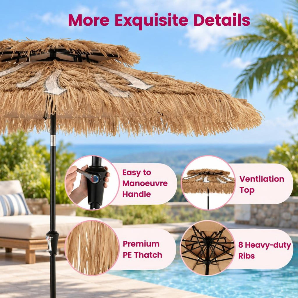 Airfind 9 Feet Thatched Tiki Umbrella with 8 Ribs, PE iron polyester fabric Frame, 9 x 9 x 8.3 (L x W x H) Tilt angle range: 0-30° Footprint