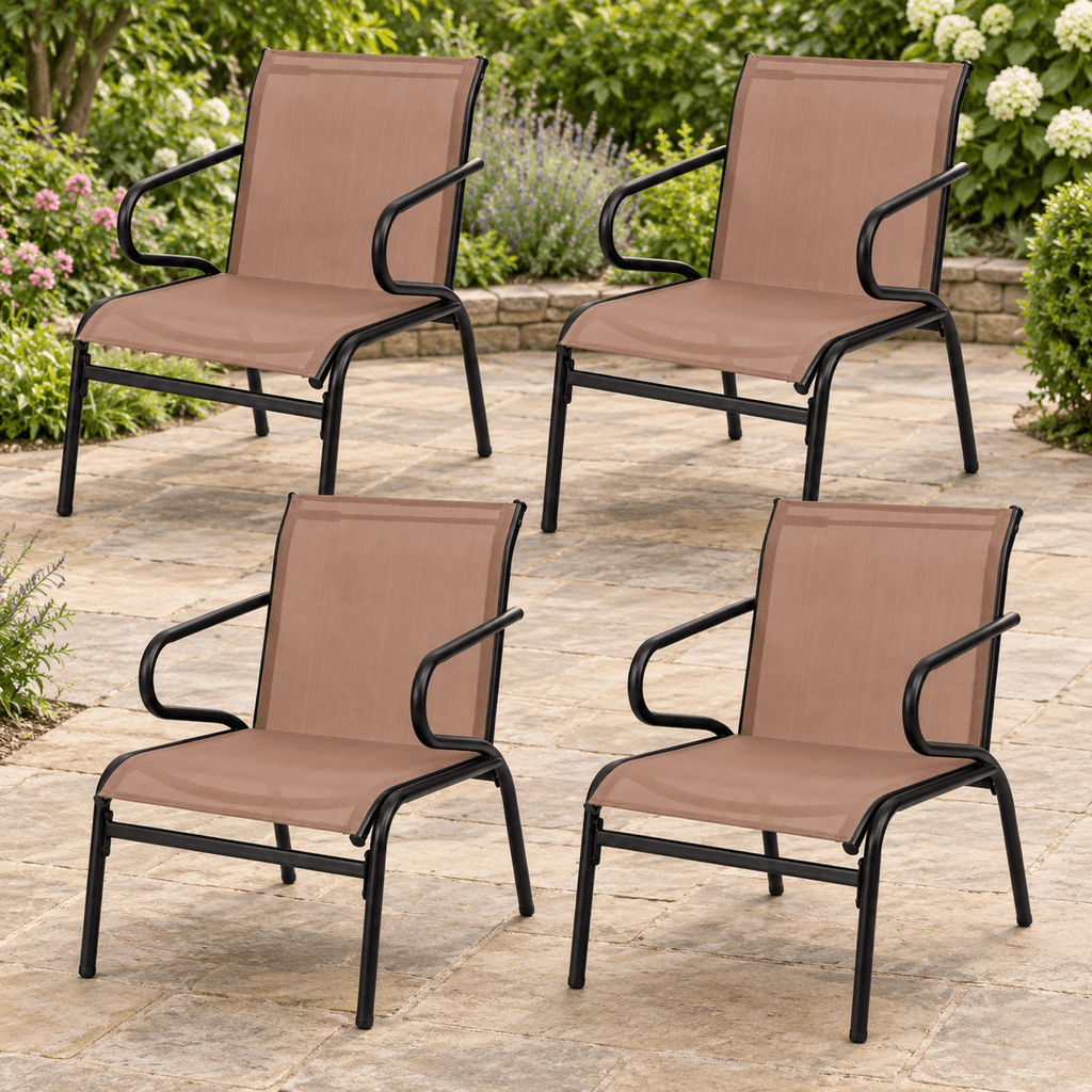 AIRFIND Patio Chairs Set of 4 with Fabric Seats, Curved Armrests, Metal Frames and Non-Slip Foot Pads, 330 lb Capacity Each, Coffee and Black