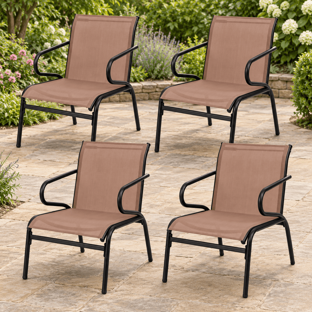 AIRFIND Patio Chairs Set of 4 with Fabric Seats, Curved Armrests, Metal Frames and Non-Slip Foot Pads, 330 lb Capacity Each, Coffee and Black
